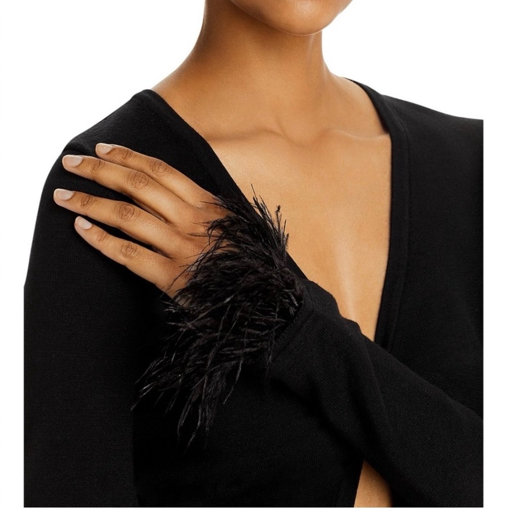 NWOT Aqua Black Cardigan with Feather Trim - Picture 6 of 6